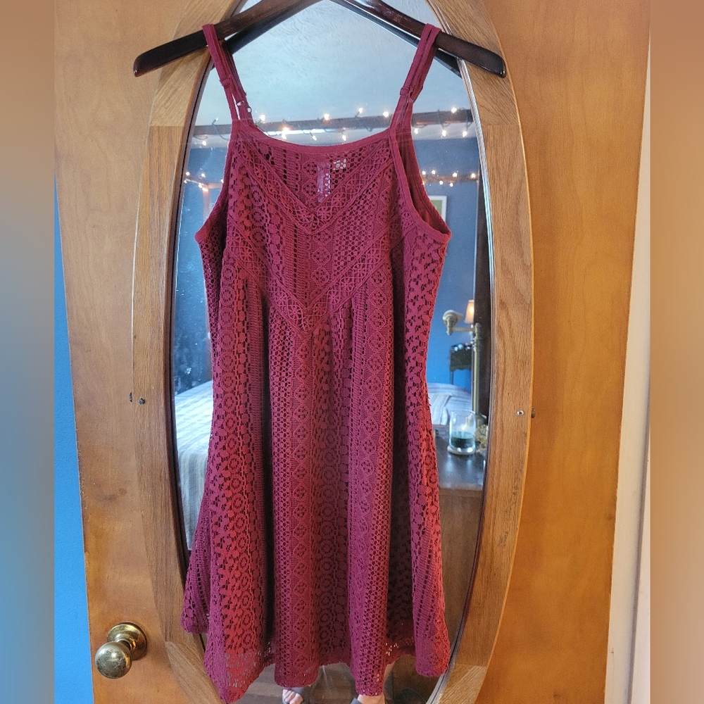 Maroon High Neck Lace Mini Dress